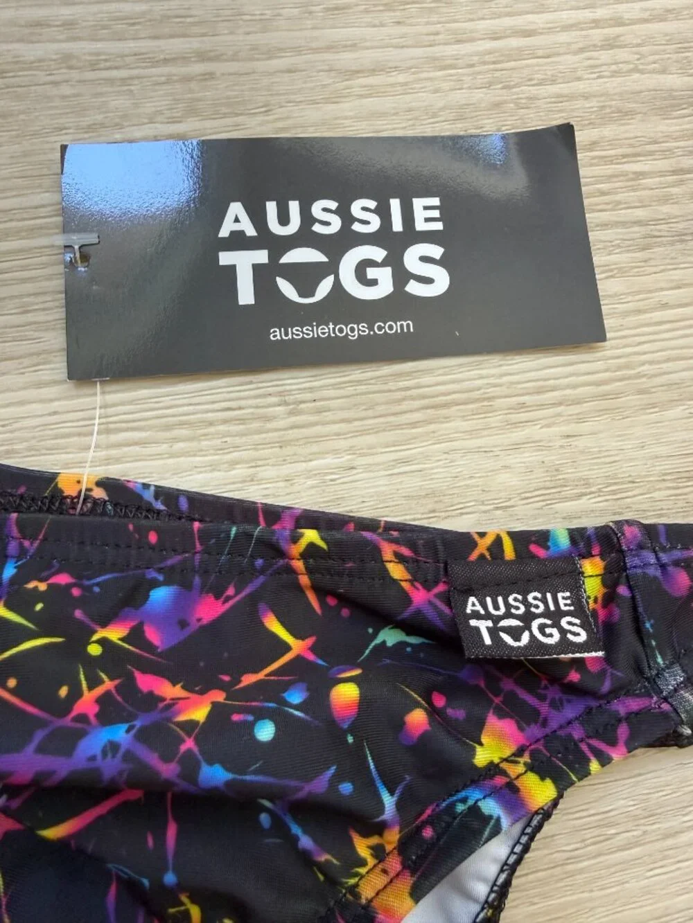 Aussie Togs Mens Swim Briefs 38 Large Black Neon Paint Splash Bikini Swimwear